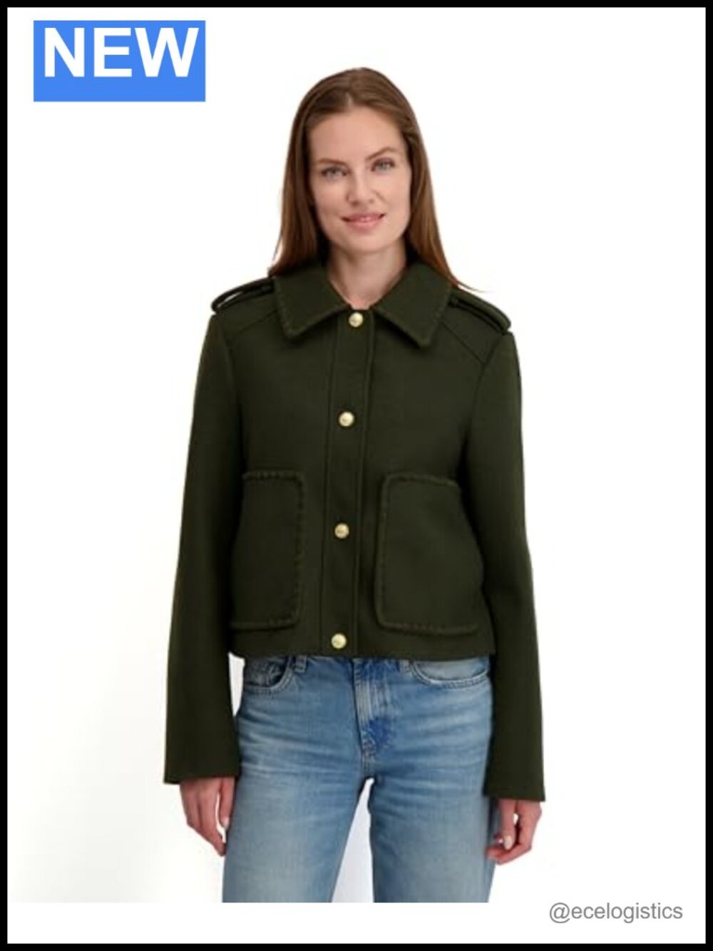 Faux Wool Cropped Jacket with Blanket Stitch and Snap Closure - Women's
